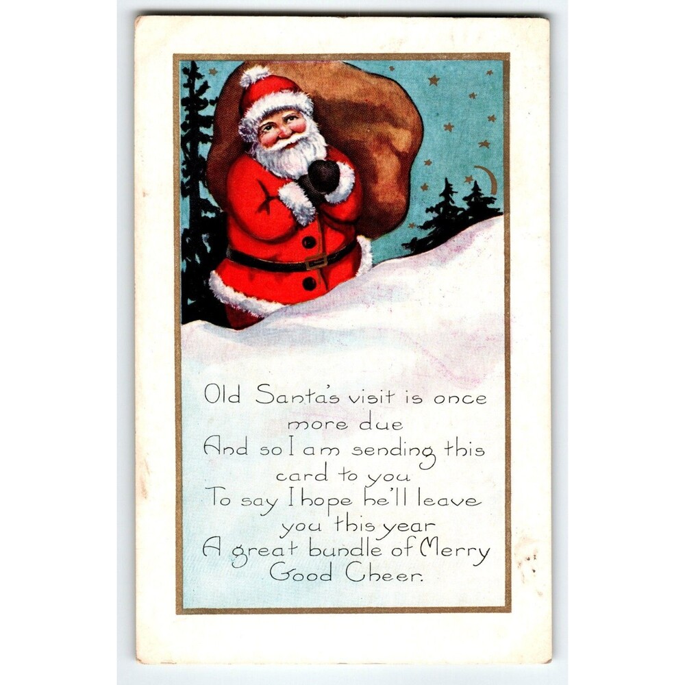 Santa Claus Christmas Postcard St. Nick Toys Stars Moon 1923 Good Cheer Whitney